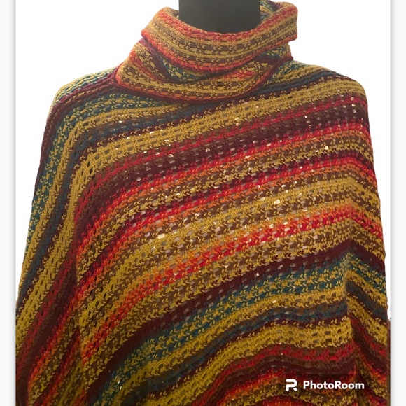 Helen Welsh Made in Italy acrylic multicolor Shawl Fringe Poncho Sweater BoHo - Picture 1 of 5